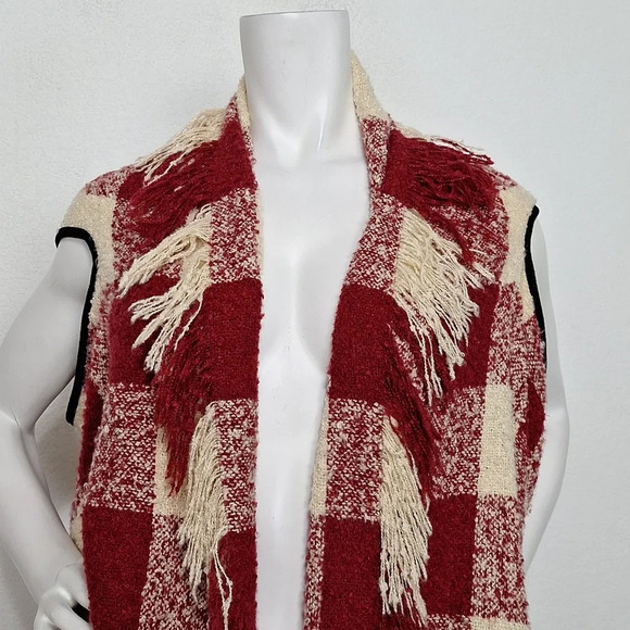 Red & Cream Cowgirl Fringe Plaid Open Front Western Cozy Sweater Vest One Size - Picture 2 of 8